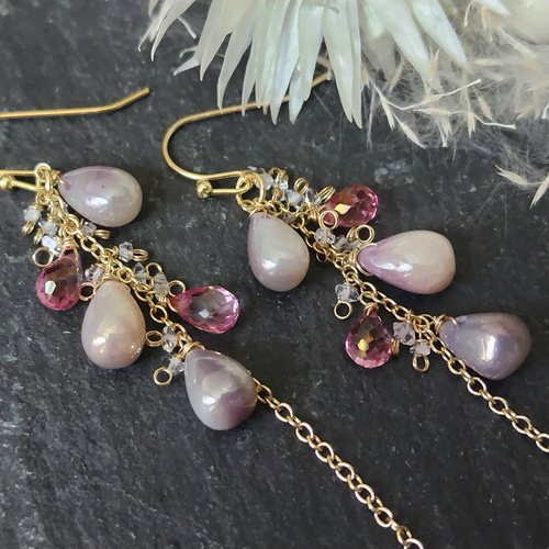 14kgfブラックカラーオパール・ピンクダイヤモンドピアス/イヤリング