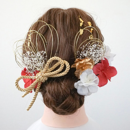 和装髪飾り　ヘッドドレス　水引×金箔　ピーチオレンジ 送料無料・翌日発送》髪飾り/ヘッドドレス/成人式/卒業式/結婚式/金箔
