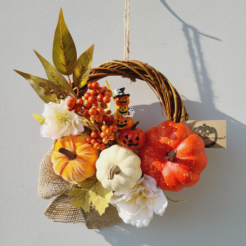 秋ハロウィンFLOWERリース カボチャいっぱい麻リボン リース NOZOMI
