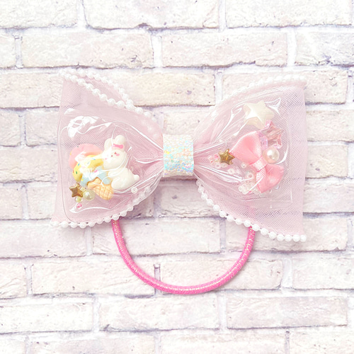 オーガンジーリボン♡ツイン♡ヘアゴム♡うさぎ うさぎ♡ ゆめかわ チュールリボン ツイン ハンドメイド リボン