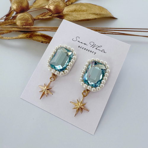 クリアブルービジュー＆パールの揺れる星ピアス/イヤリング スクエア  