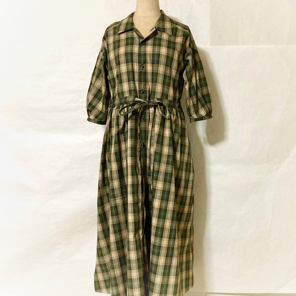グリーン系チェック 半袖シャツワンピース グリーン系チェック 半袖シャツワンピース