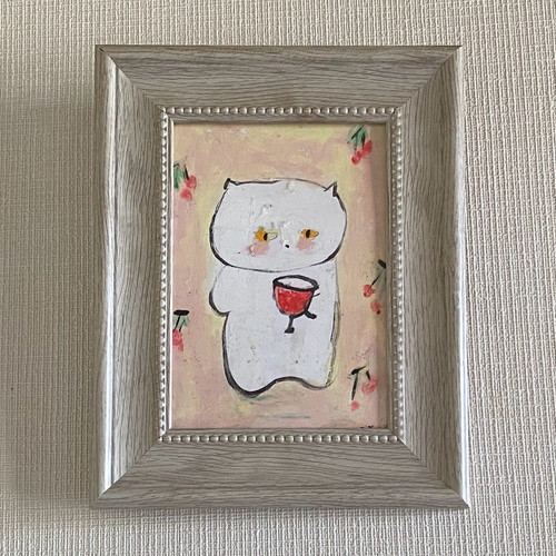 絵画。原画【白猫はいちごを食べるのが好きだ】
