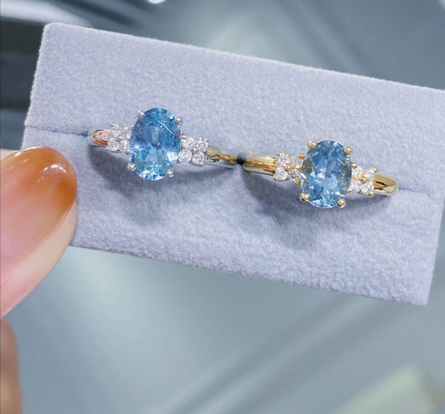 天然ダイヤモンド付きアクアマリンリングk18