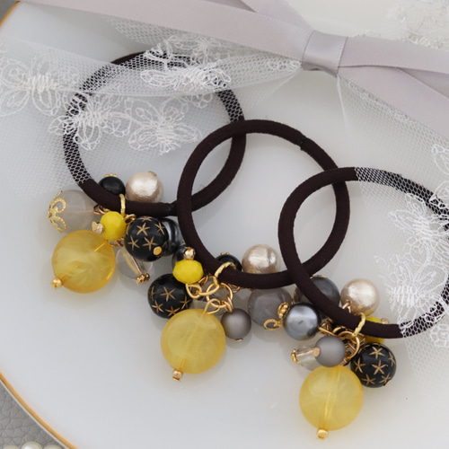 イエロー×ブラック◇じゃらじゃらヘアゴム◇Creema限定 秋限定2024