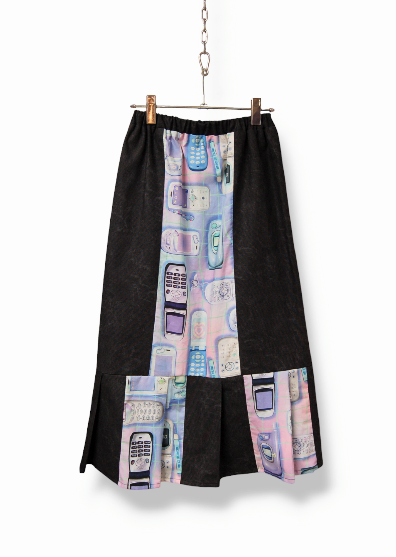 携帯電話×ブラックウォッシュデニム　ミックス　裾プリーツスカート