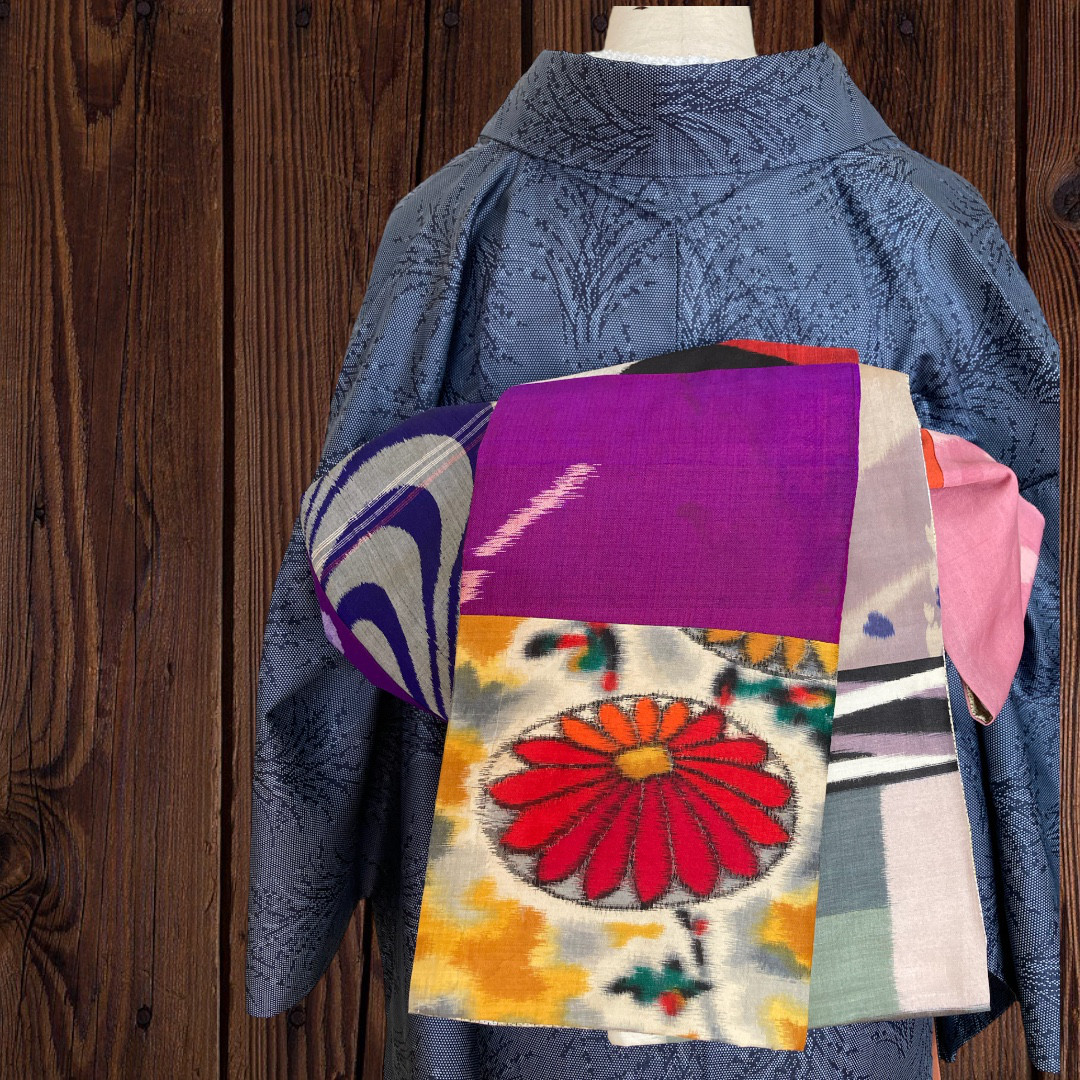var.79アンティーク着物リメイク　大人の兵児帯　半幅帯　長尺　ハンドメイド var.89アンティーク着物リメイク.切嵌風．銘仙．大人の兵児帯