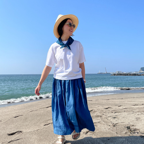 45rpm プリーツスカート/美品/藍染/ 送料無料 しずく模様 板締めしぼり 藍染ミモレ丈のフレアスカート