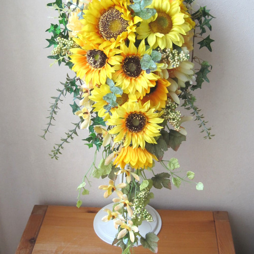ひまわりブーケ アーティシャルフラワー 新品 ひまわりのキャスケードブーケ アーティフィシャルフラワー