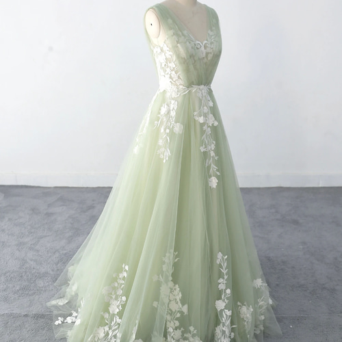 雅やか 深めな緑 カラードレス ロング ベアトップ/音楽会/発表会  