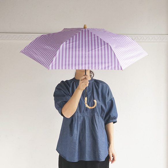 【訳あり品 約2,500円引き】竹ハンドル UVカット折りたたみ傘 stripe 紫外線99.9%カット 晴雨兼用 日傘 16枚目の画像