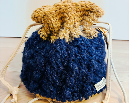 すぐお届け】アラン模様の麻紐×ニット 巾着ショルダーバッグ 巾着