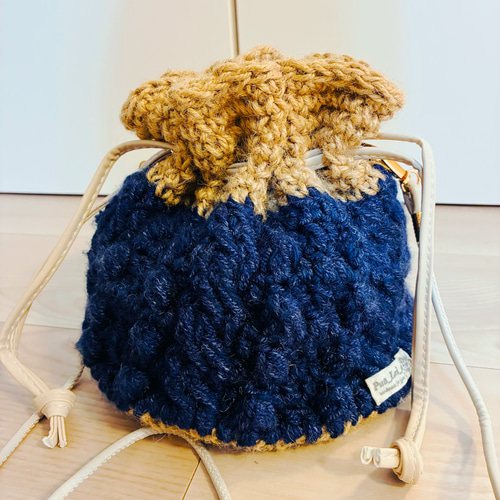 アラン模様の麻紐×ニット 巾着ショルダーバッグ 巾着バッグ Pua_Lei_e
