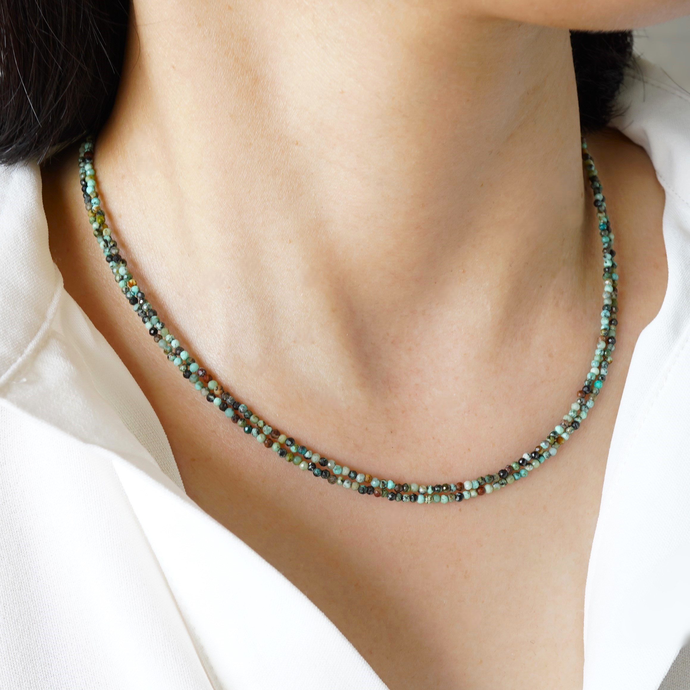 【14kgf】極小2㎜　華奢　極細　2連ネックレス　天然石　アフリカンターコイズ　レイヤードネックレス（JS6）