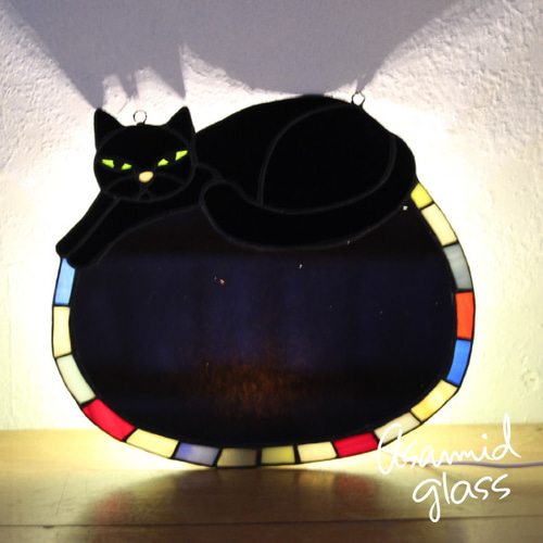 ステンドグラス 【ワケあり】黒猫のミラー その他インテリア雑貨