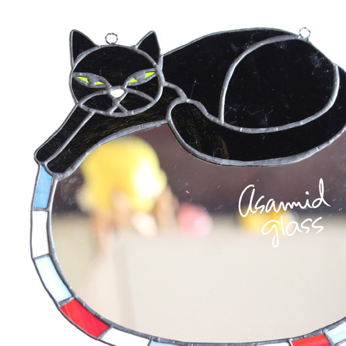 ステンドグラス 【ワケあり】黒猫のミラー その他インテリア雑貨