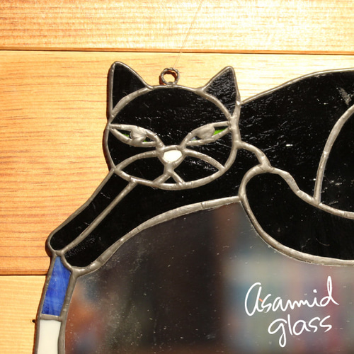 ステンドグラス 【ワケあり】黒猫のミラー その他インテリア雑貨
