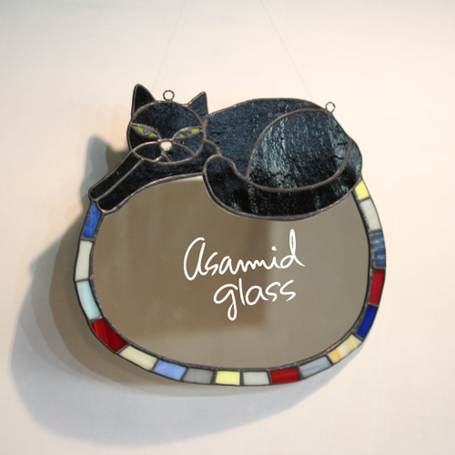 ステンドグラス 【ワケあり】黒猫のミラー その他インテリア雑貨