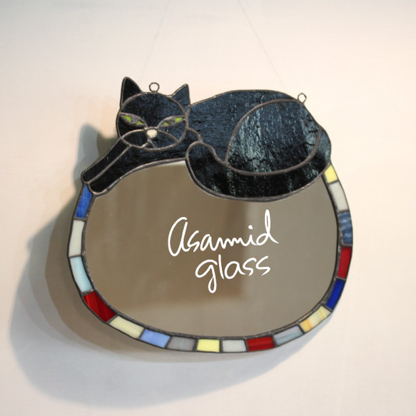 猫型の鏡：ステンドグラス・ミラー ステンドグラス 【ワケあり】黒猫のミラー その他インテリア雑貨