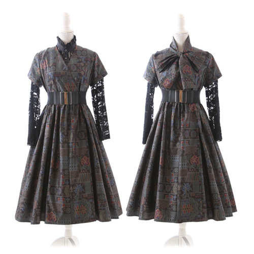 大島紬】カシュクールラップワンピース半袖ロング丈(黒地に和花 大島紬】カシュクールラップワンピース半袖ロング丈(黒地に和花