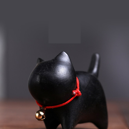 天然黒檀木 萌え萌え 木彫りの財を招く猫 鈴をつける無面猫 置物 装飾
