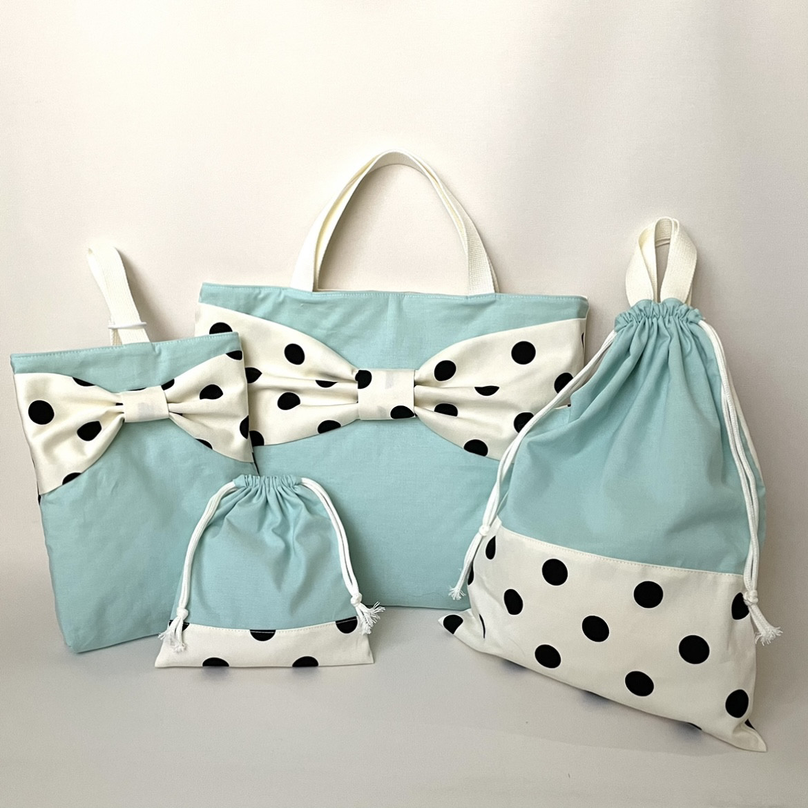 お得な4点セット！2wayレッスンバッグ シューズケース お着替え袋 給食袋  ☆ アクアブルー