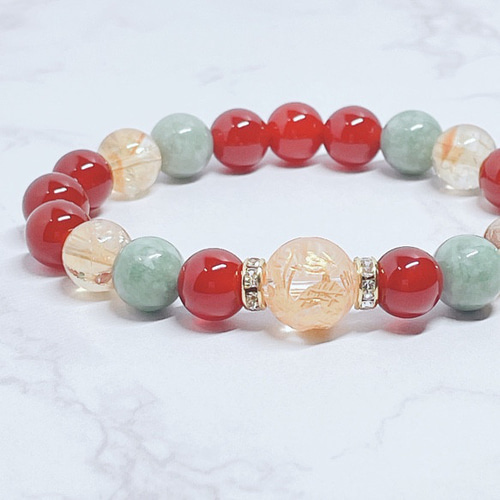 天然石ブレスレット⑪　凄く綺麗✨ 還暦祝いに◎長寿と笑顔をつなぐ 天然石ブレスレット｜龍彫り水晶・赤