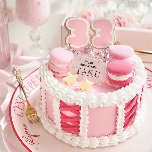 好きな色で作ります】ディスプレイ ケーキ 〜編み上げフリル×マカロン