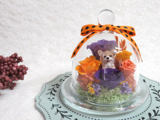 ハロウィン限定カラー　ガラスドームアレンジメント　ペット　プリザーブドフラワー