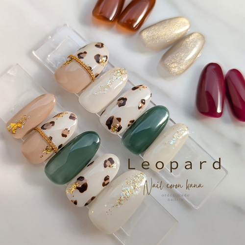 上品豹柄ネイル 4colorから選べる差し色 レオパードネイルチップ