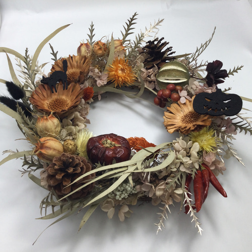 ドライフラワー　リース　ハロウィン　プレゼント　無料ラッピング　アカシア ドライフラワーのハロウィンリース ドライフラワー ポポラス