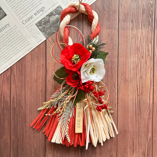 No.17 紅白椿と南天のしめ縄リース2025 ハンドメイドお正月飾り玄関  