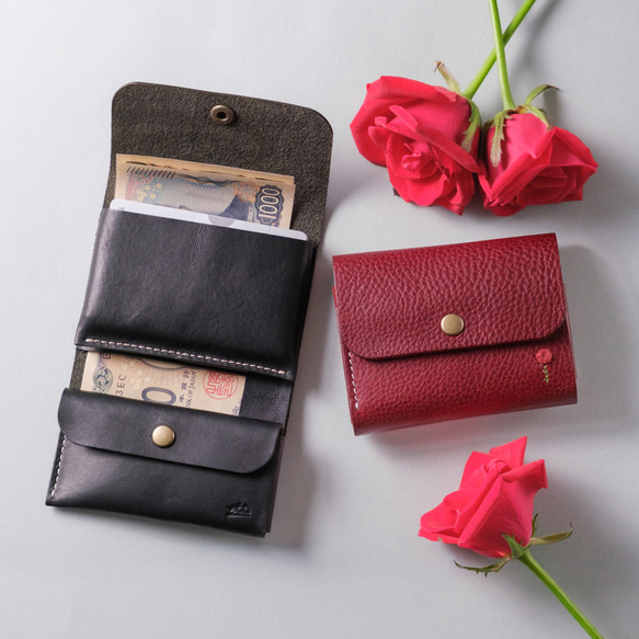 名入れ◎刺繍の有無が選べるお札を折らない可愛い三つ折りミニ財布