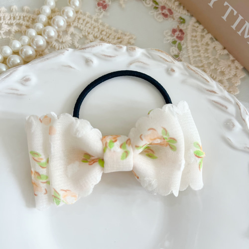 【オーダー♡花付ダブルリボン 】ヘアクリップ　ヘアゴム　ベビー　キッズ　パステル オーダー♡花付ダブルリボン 】ヘアクリップヘアゴムベビー
