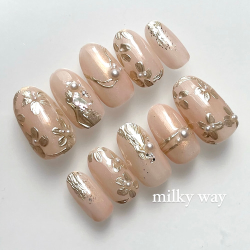 No.77 ミラーフラワー×ブライダルネイルチップ オーダーネイルチップ