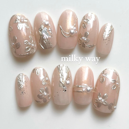 No.77 ミラーフラワー×ブライダルネイルチップ オーダーネイルチップ