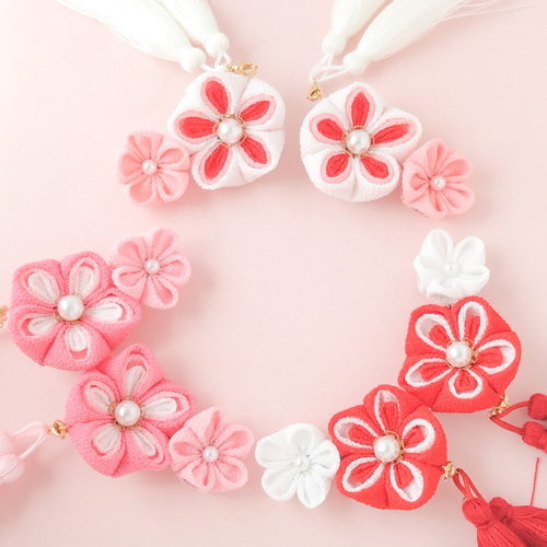 つまみ細工】重ね梅 ピンク 被布飾り2点セット 七五三 3歳 ひなまつり