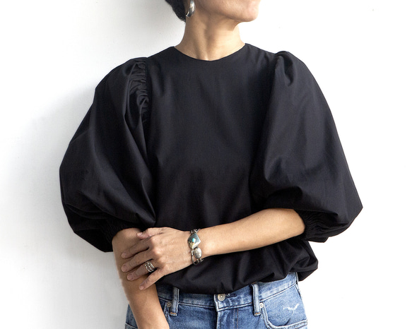 バルーンスリーブブラウス 高密度コットン100％（ブラック