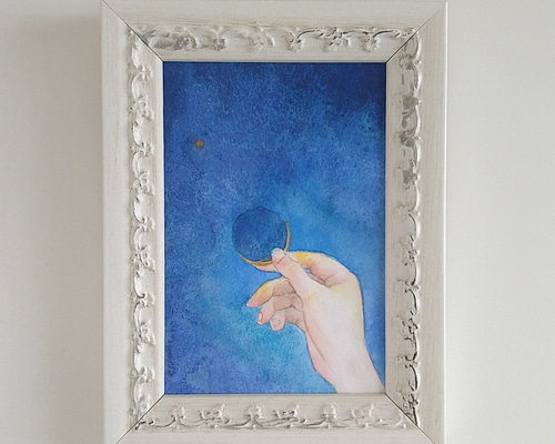 月夜のホゥホゥさん (size8x10) 小さな絵 原画 水彩画 月夜のホゥホゥ