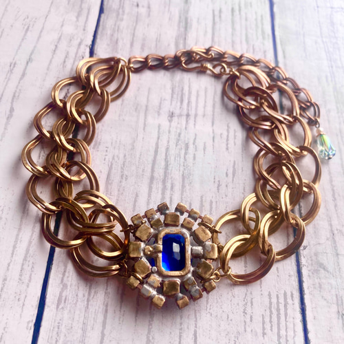 ✤ チェコヴィンテージラインストーン 真鍮ネックチョーカー ライト