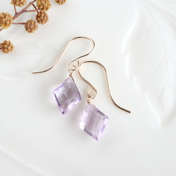 14kgf ピンクアメジスト ダイヤカット 1粒 ピアス *イヤリング可