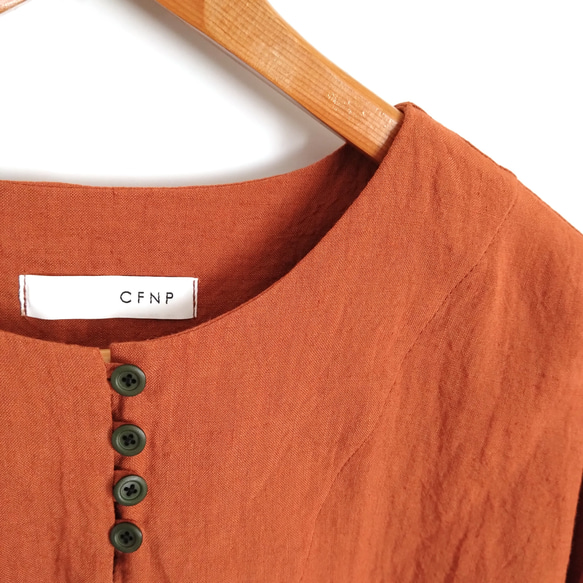 【期間限定送料無料!】再販！× 11  新色！ ベルギーリネンの８分袖トップ  100%ベルギーリネン  テラコッタ 12枚目の画像