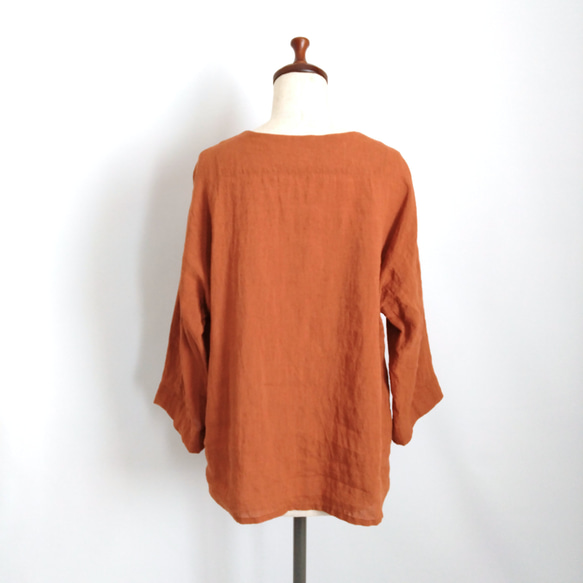 【期間限定送料無料!】再販！× 11  新色！ ベルギーリネンの８分袖トップ  100%ベルギーリネン  テラコッタ 7枚目の画像
