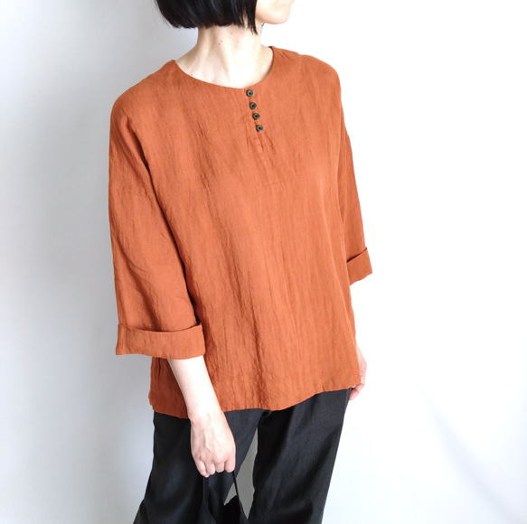 【期間限定送料無料!】再販！× 11  新色！ ベルギーリネンの８分袖トップ  100%ベルギーリネン  テラコッタ 4枚目の画像