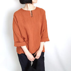【期間限定送料無料!】再販！× 11  新色！ ベルギーリネンの８分袖トップ  100%ベルギーリネン  テラコッタ 3枚目の画像