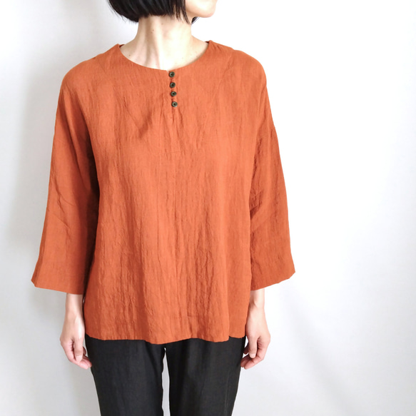 【期間限定送料無料!】再販！× 11  新色！ ベルギーリネンの８分袖トップ  100%ベルギーリネン  テラコッタ 5枚目の画像