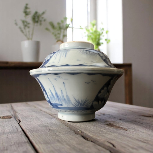 古伊万里 染付 牡丹図 蓋付き煮物碗（マルバツ入） 茶碗・めし碗