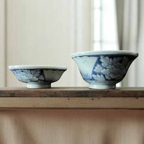 古伊万里 染付 牡丹図 蓋付き煮物碗（マルバツ入） 茶碗・めし碗