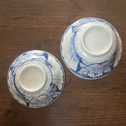 古伊万里 染付 牡丹図 蓋付き煮物碗（マルバツ入） 茶碗・めし碗