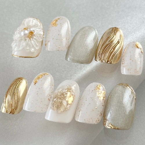 ネイルチップ ぷっくりフラワー ニュアンス ミラー 金箔 ゴールド ニュアンスネイルチップ ピンク色 ぷっくりフラワー 金 ゴールド